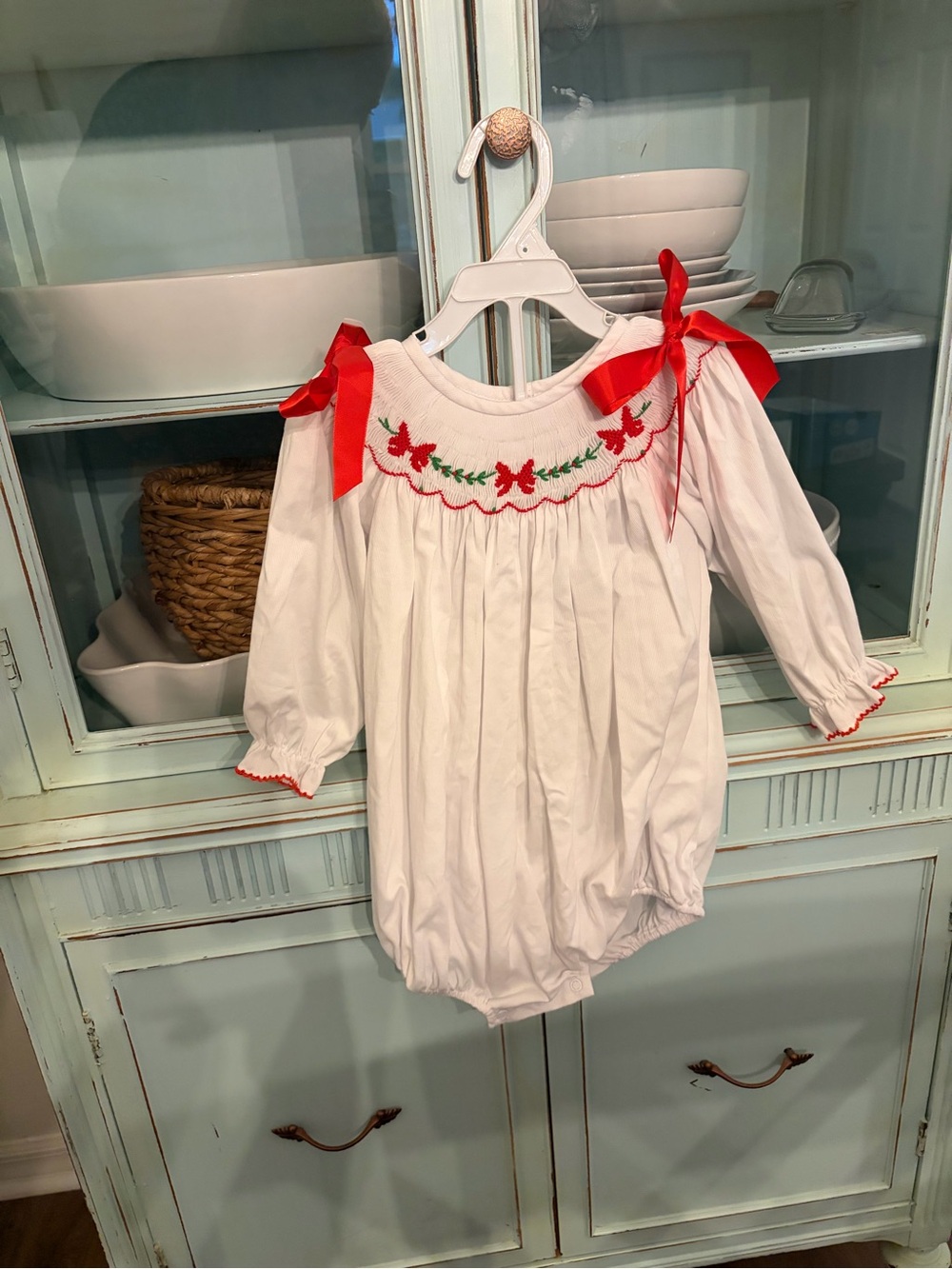 Stitchyfish Classic White Baby Girls Holiday Bubble Romper with Red Trim